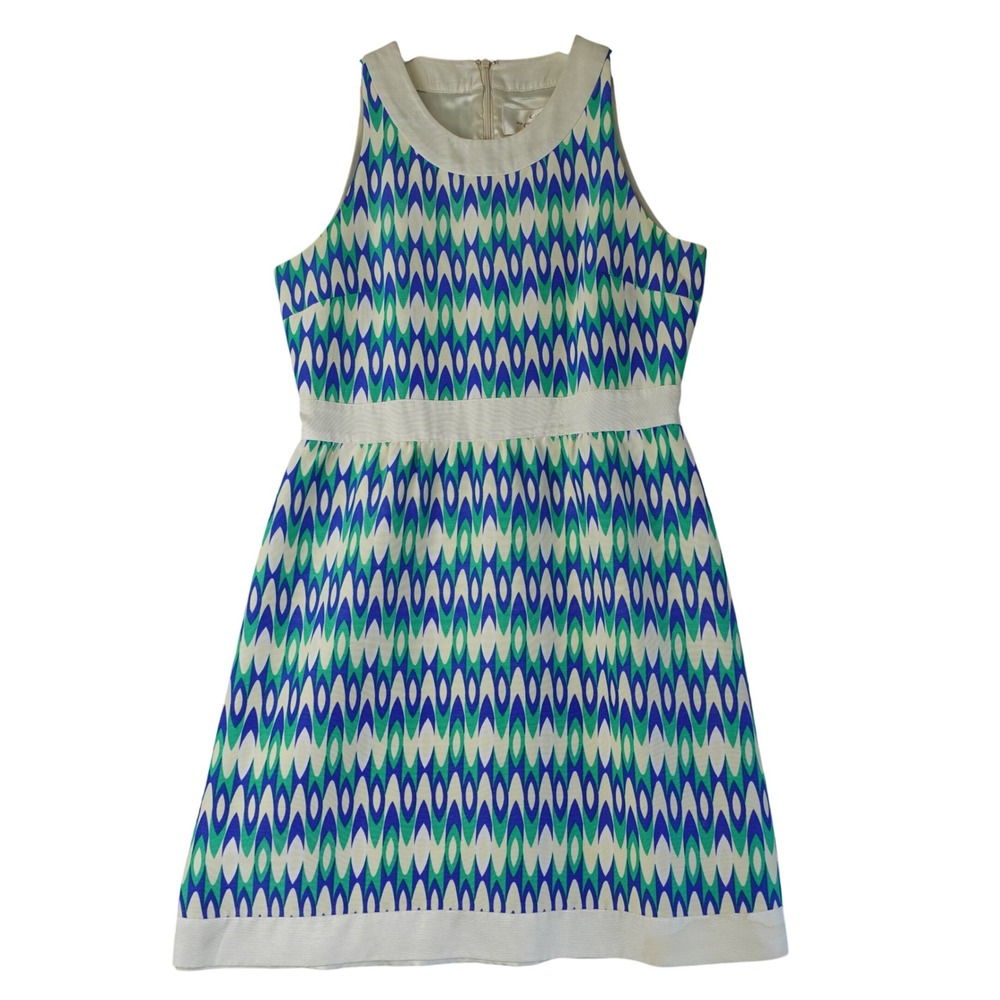 Julie Brown Dress Womens 4 Blue Green Geometric Silk Cotton Sleeveless Retro